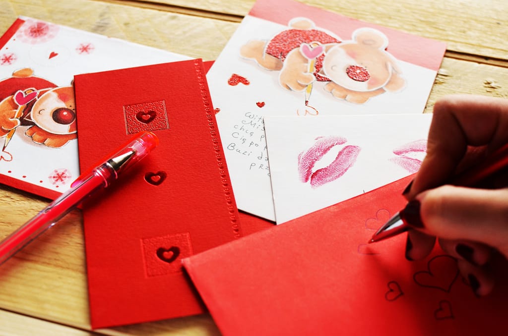 Several Valentine's Day cards on a table