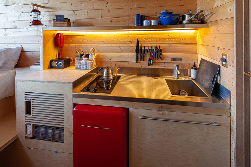 Getaway House Big Bear interior of cabin kitchenette