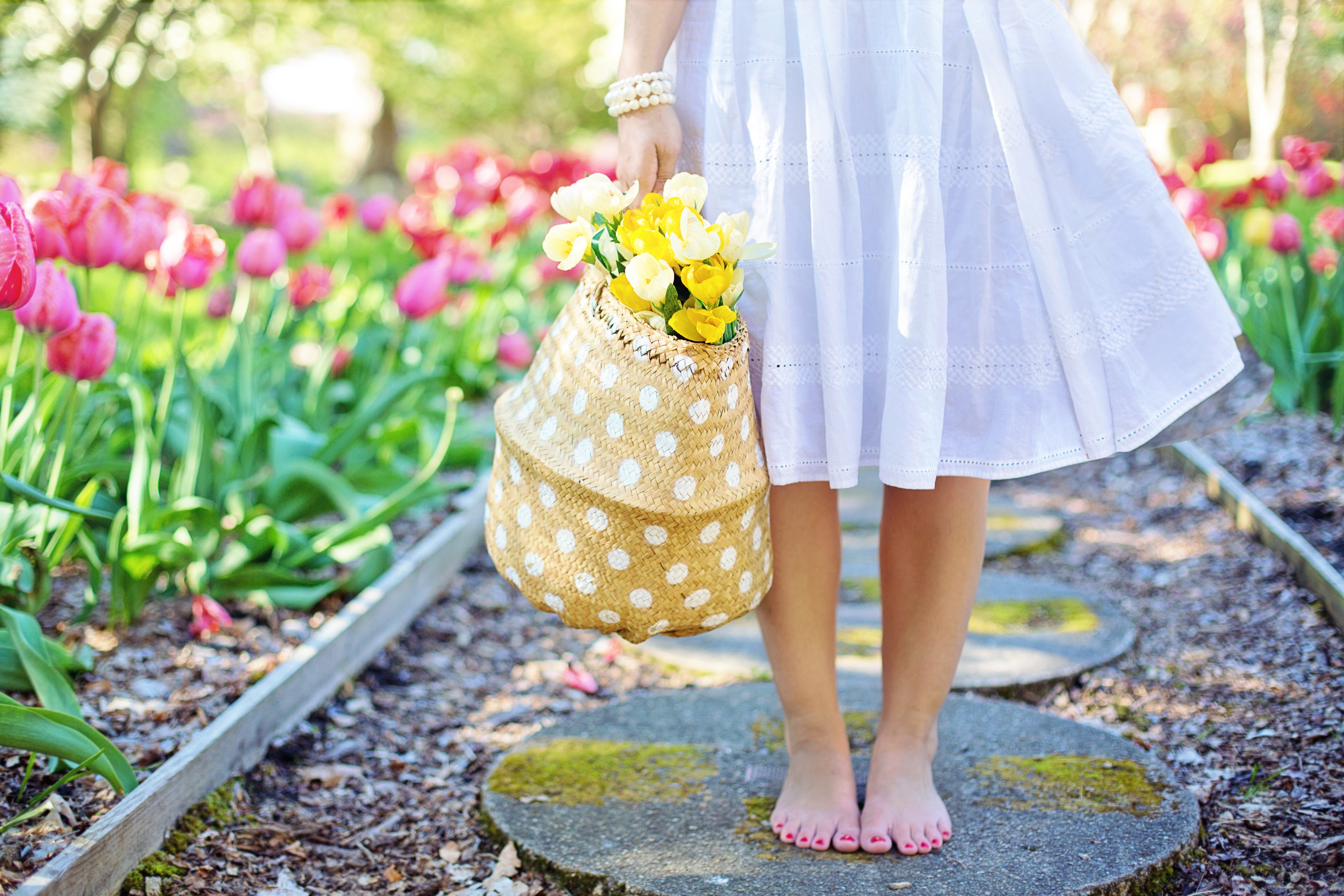 Mindful walking barefoot in a garden