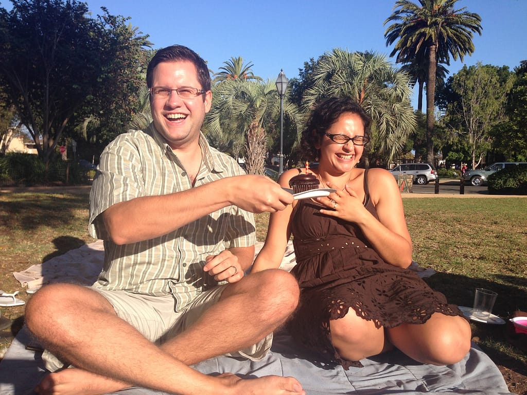 Pantea Rahimian and her husband at the park laughing