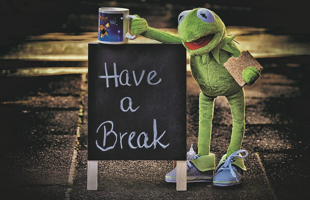 Kermit the frog next to a sign that says Have a Break